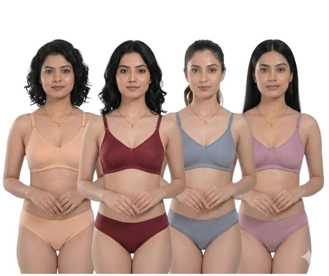 Ladies Non Padded Non Wired Bra Panty Set Full Coverage Everyday Bra with Matching Panty Breathable Cotton Blend Lingerie Comfortable Innerwear Pack of 4 (Multicolor)-image-46