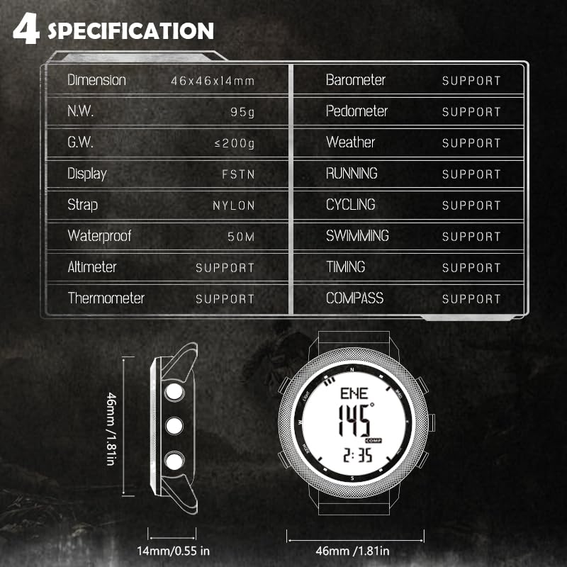 Image of NORTH EDGE Tactical Military Outdoor Sport Watch Apache 46 - Rugged Digital Adventure Watch with Altimeter, Barometer, Compass, Pedometer, Nylon Strap & 50M Waterproof