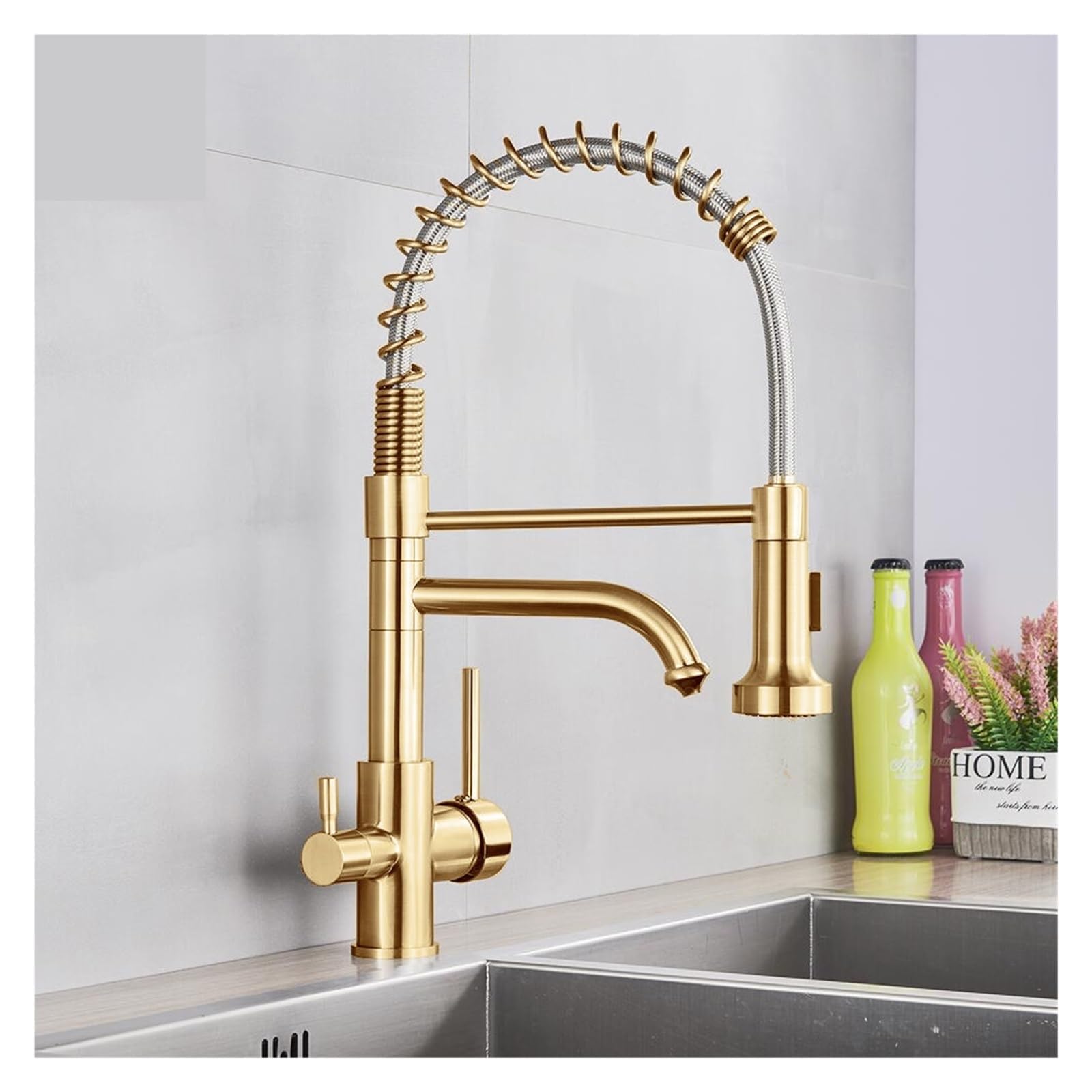 Robinet de cuisine avec filtre intégré mitigeur extractible eau chaude et froide or brossé