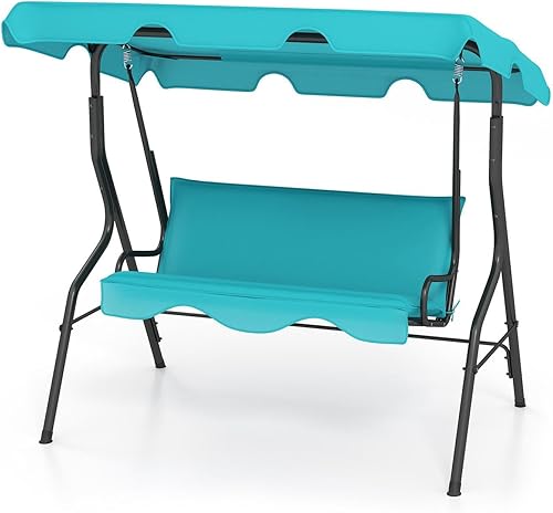 Miniatura 1 de Columpio de porche al aire libre, columpio de patio para 3 personas con cojín extraíble, soporte y toldo ajustable, silla columpio resistente para