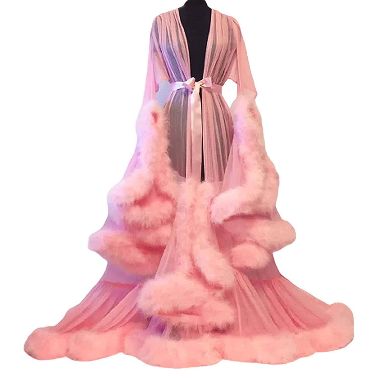 Zlznx Women's 04 Feather Robe Boudoir Robe Sexy Lingerie Sleepwear See-Through Tulle Nightgowns,,M