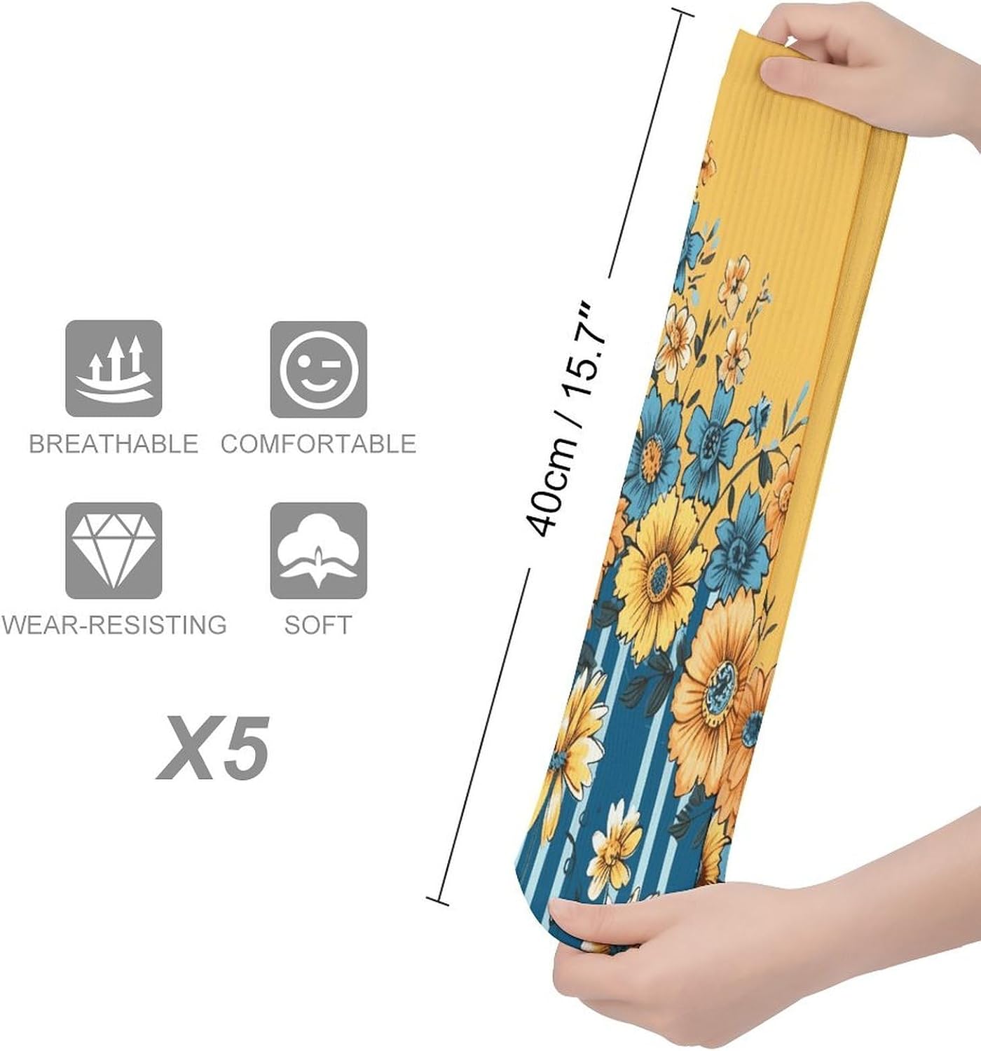 Yellow And Blue Floral Knee High Socks Cozy Knee High Socks Soft Mid-Length Sock for All Seasons Daily Wear Adult