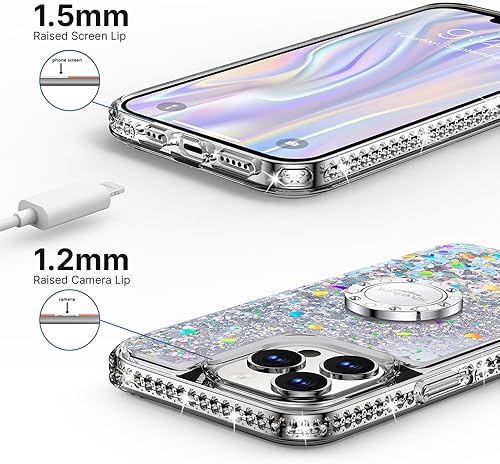 Miniatura 7 de Silverback Funda para iPhone 15 Pro Max, funda con purpurina holográfica líquida en movimiento con soporte, para niñas y mujeres, funda protectora