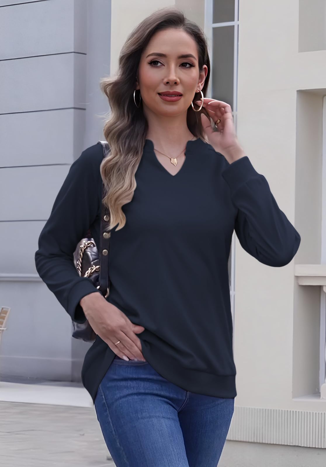 Cuptacc Pull Femme Chic Et Elegant Sweat Femme Col en V Chemisier Manches Longues Couleur Unie Automne Hiver Mode Haut