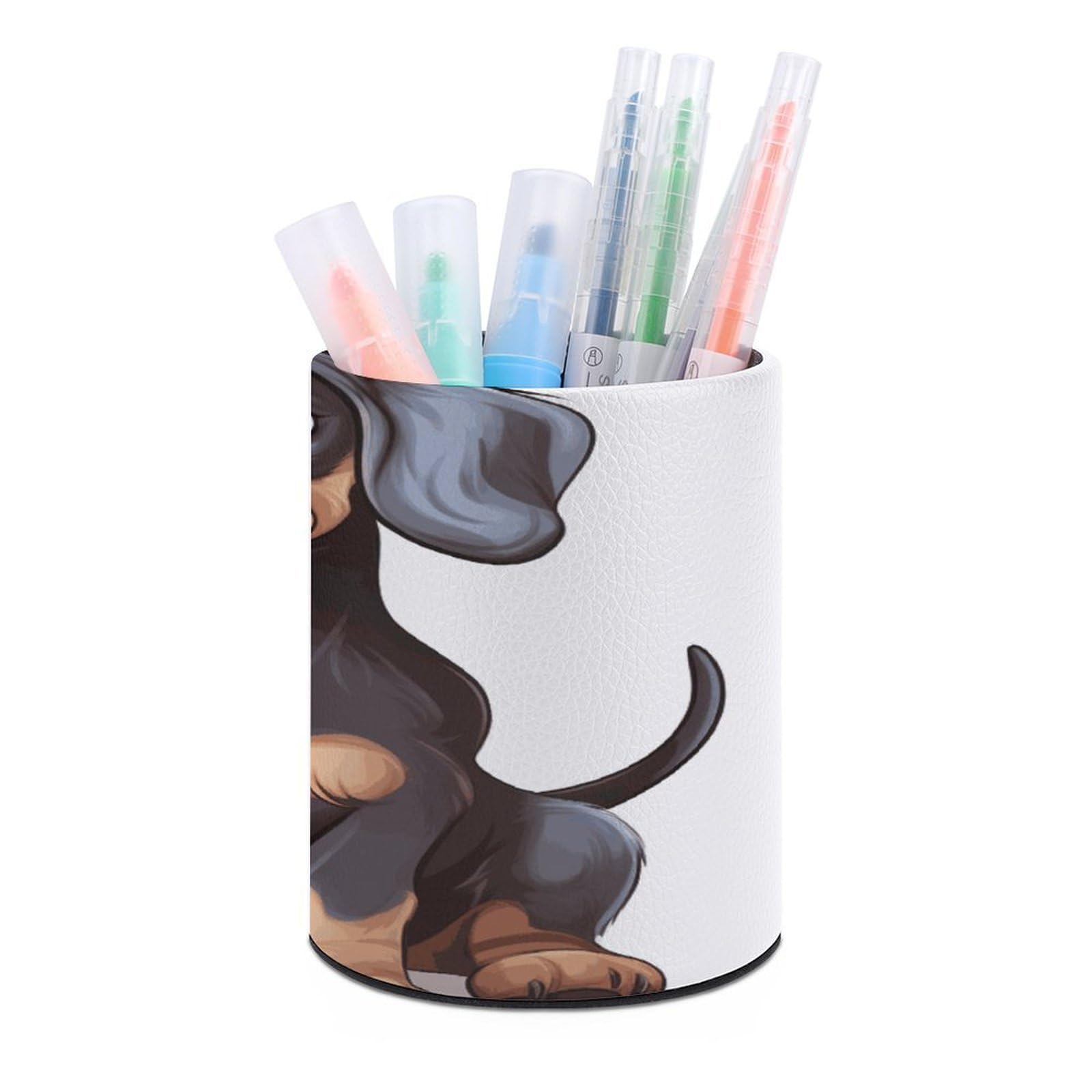 JTREHY Cute Dachshund Pen Holder Round Pen Pencil Holder Makeup Brush Holders Cup PU Leather Pencil Cups Desktop Caddy Stationery Organizer Case Office Accessories Container Box