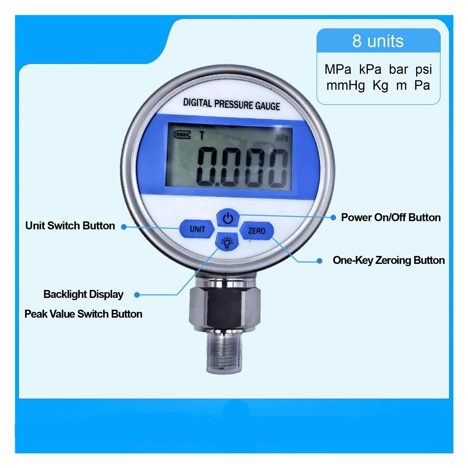 Manómetro Digital de presión YB80A, manómetro vacío precisión, Pantalla Alta, Sensor Acero Inoxidable Alimentado por batería(NPT1-4,0-1.6MPA)