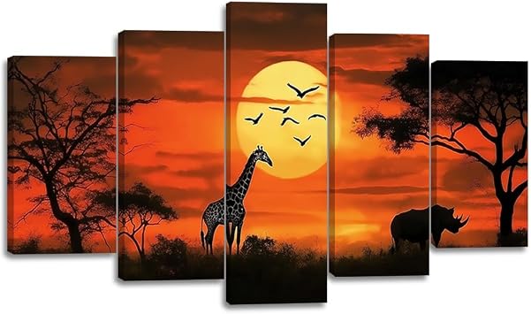 CGXLB 5 Piece African Sunset Wall Art Giraffe & Elephant Painting Savannah Wildlife Canvas Prints Animal Wall Decor Framed for Living Room Bedroom Kitchen 10x16inx2 10x20inx2 10x24inx1