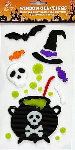 Vista 6 de Calcomanías de gel de Halloween para ventanas y espejos, 6 hojas de diseños espeluznantes reutilizables Drácula, fantasmas, esqueletos, brujas