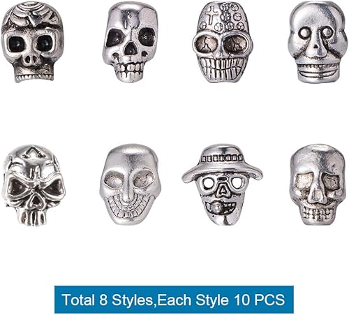 Miniatura 2 de PH PandaHall 80 cuentas espaciadoras de calavera de aleación tibetana, 8 estilos para hacer joyas, plata antigua