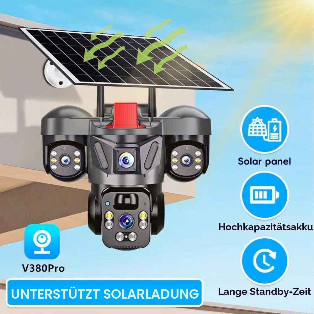 EasyByMall 360°-Funküberwachungskamera, Solar-mit DREI Linsen, 4 K Außen-Überwachungskamera mit doppelter Erkennung, Mensch/Auto/Bewegungserkennung
