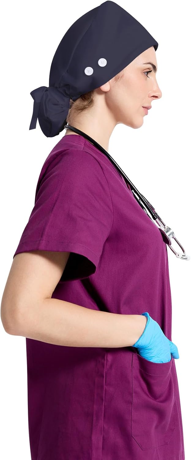 Working Cap Scrub Caps for Women, Adjustable Long Hair Nurse Head Cap, Surgical Bonnet with Sweatband & Buttons - Image 3