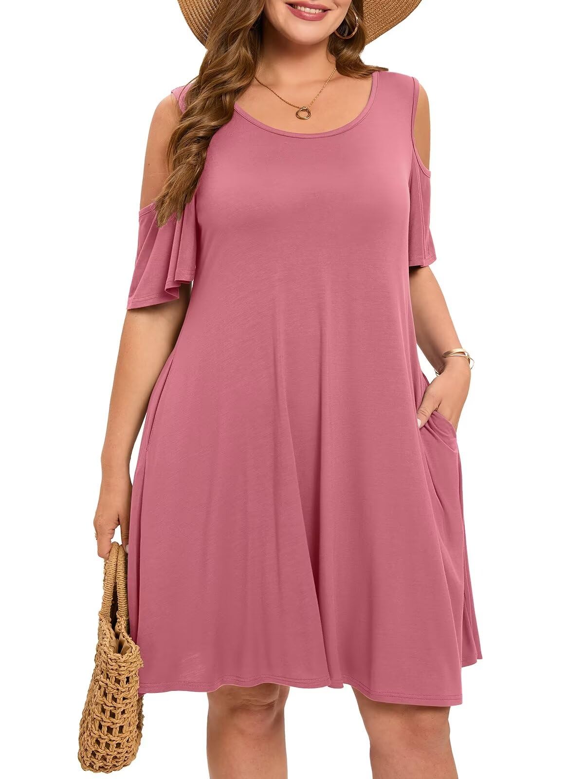 BELAROI Womens Plus Size Dresses Short Sleeve Cold Shoulder Casual T Shirt Swing Dress Summer Beach Sundress