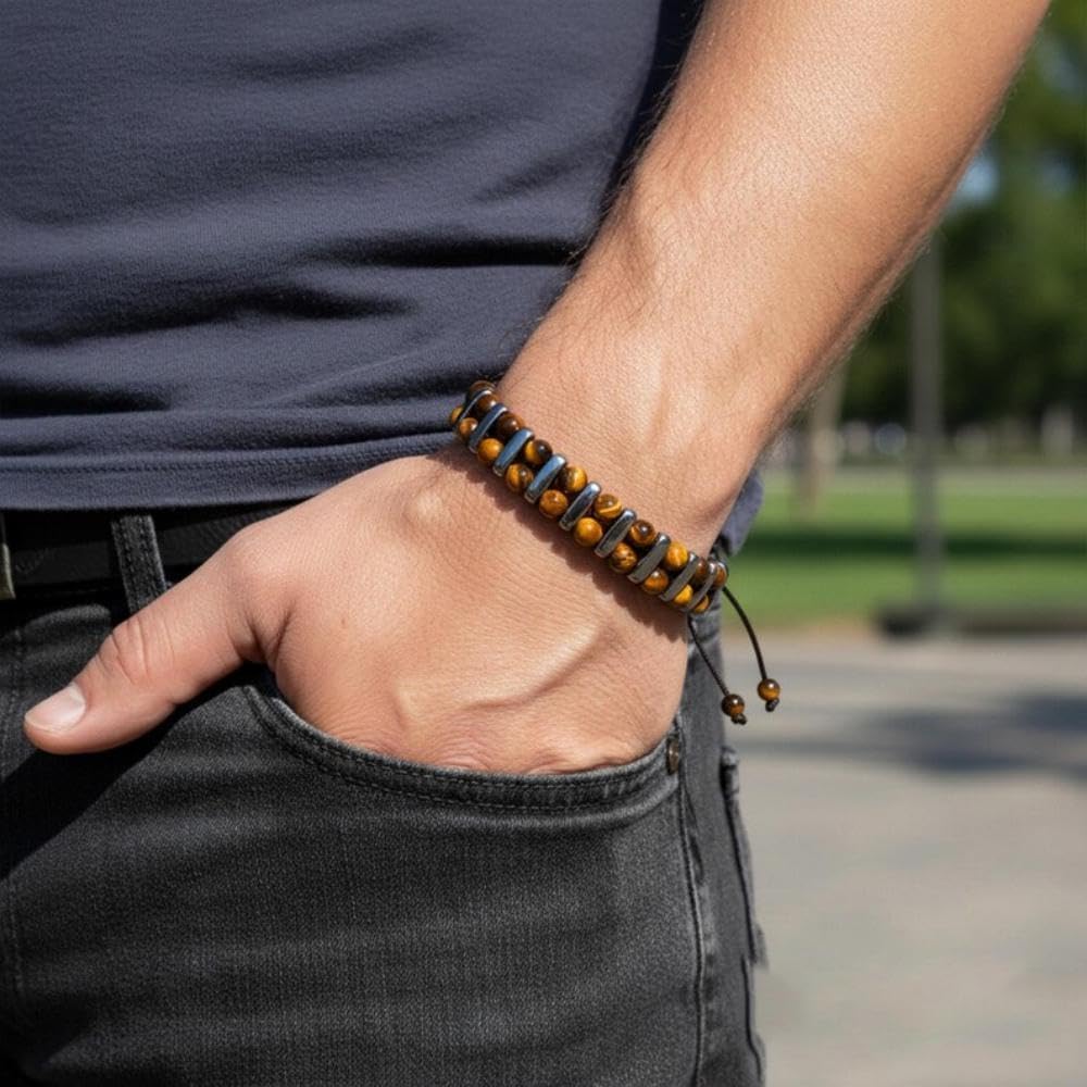 LIU JUN Tiger Eye Hematite Bracelet For Men Women, Handmade Braided Double Layered Natural Stone Beaded Energy Balance Protection Bracelet Vintage Healing Jewelry Gifts - Image 2