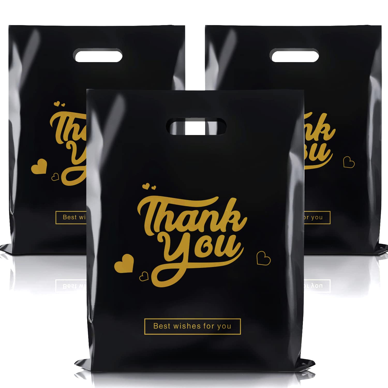 N/C 100Pcs Thank You Bags,Merchandise Bags, Shopping Bags for Small Business, Goodie bags, Party, Stores, Boutique, Clothes, 2.36Mil Reusable Plastic Bags with Handles (Black) 12*15in