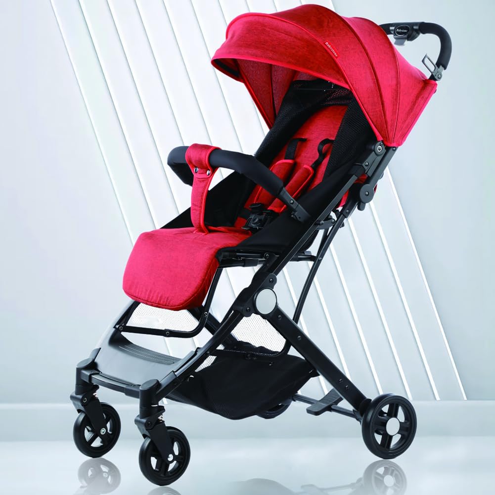 BAKAJI Cochecito Easy Ultra ligero con cierre fácil. Carga máxima de 15 kg. Respaldo reclinable con cinturón de seguridad de 5 puntos, plegable con una mano, ahorra espacio (rojo)