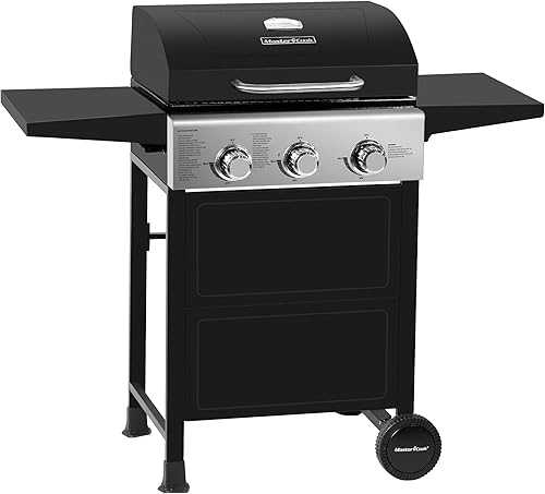Master Cook Smart Space Living asador de gas propano de 30000 BTU con 3 quemadores para barbacoa, dos estantes plegables, ruedas, portátil