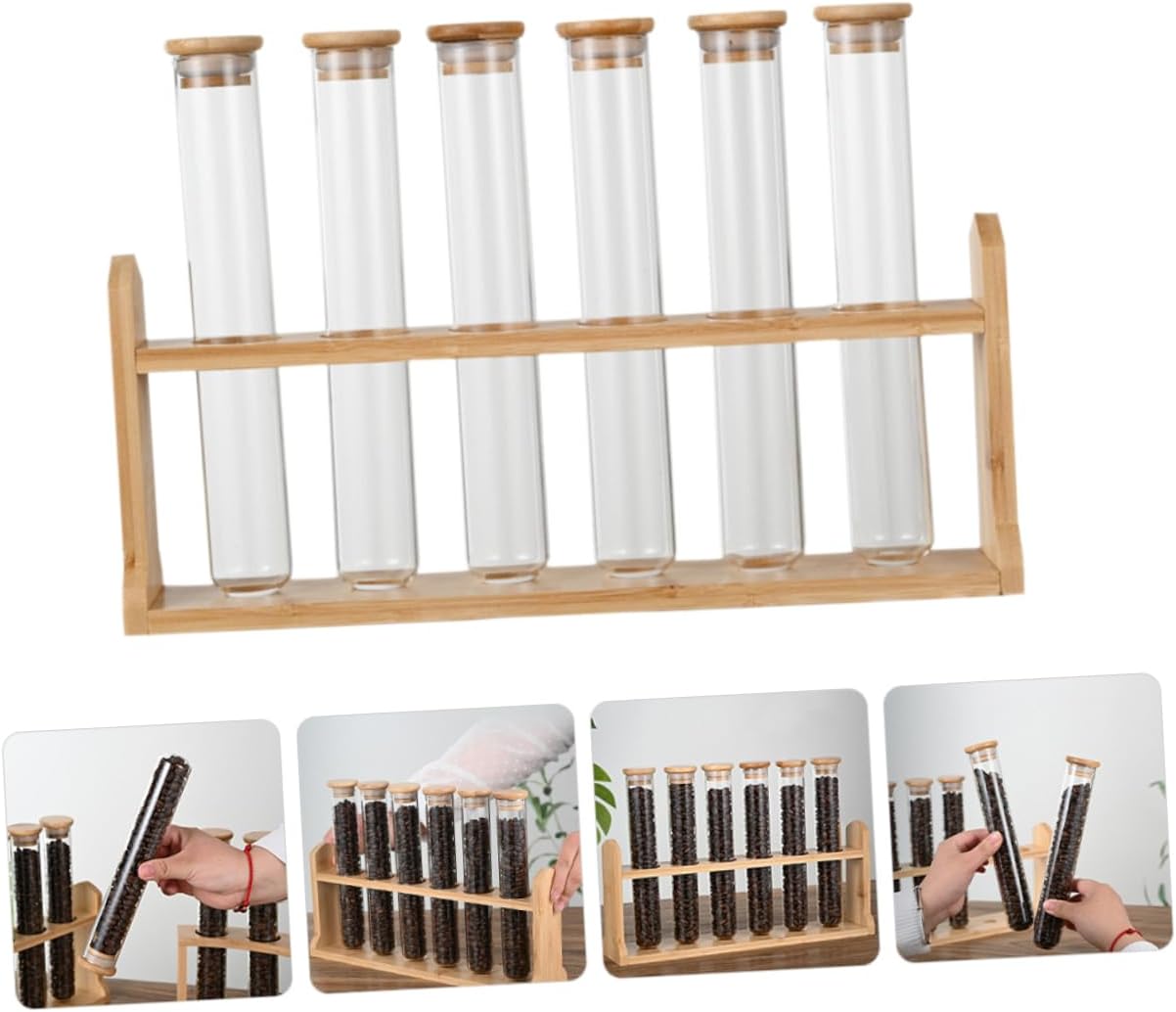 Unique Coffee Bean Dispensing Bottle Glass Bean Container Wooden Stand Multi-functional Storage for