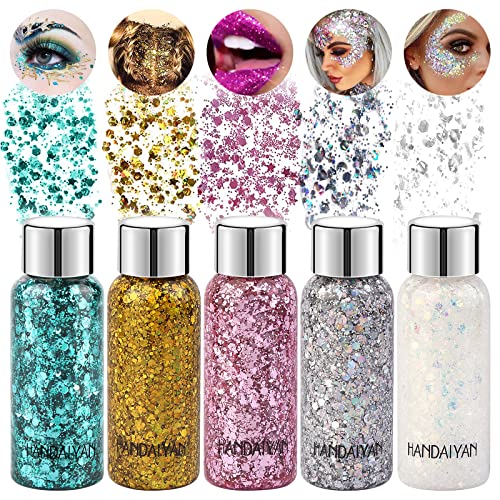 Body Glitter Gel, 5 Bottle Chunky Glitter, Mermaid Sequins, Fluoreszierendes Glitzer, Make up Glitter, Glitter Liquid Gel for Festival Masquerade Birthday Makeup Long Lasting Sparkling