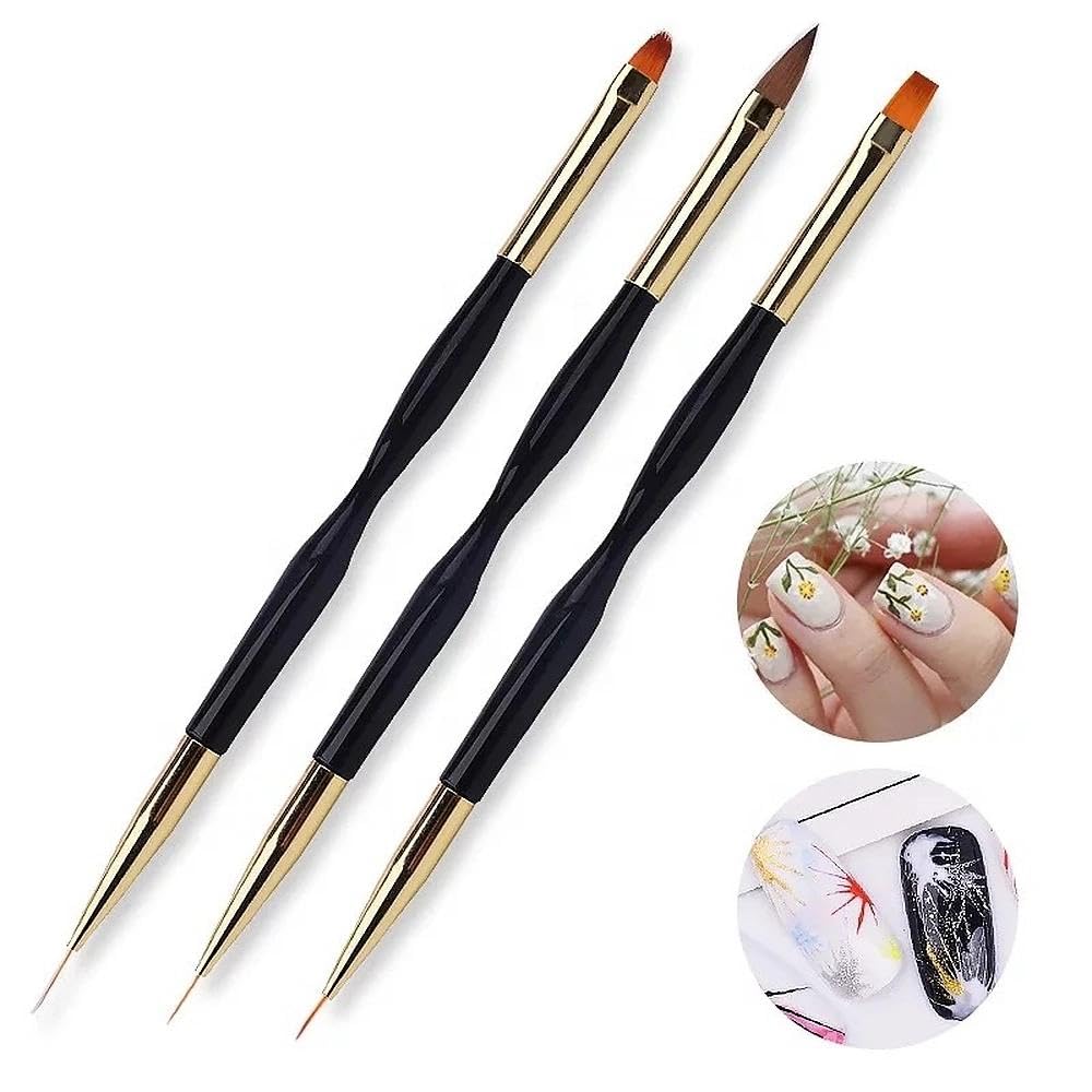 1 Set 3 Pennelli Arte Unghie Doppio Testa, Pennello Dettagli Professionale per Acrilico, Smalto Gel, Design Unghie Fai da Te, Strumenti Manicure