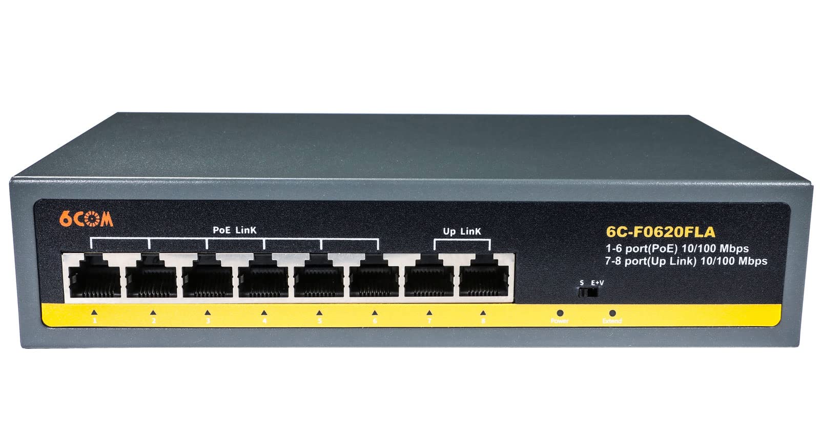 6COM 8 Port Ethernet PoE+ Switch, 6 Port PoE+ 100Mbps, 2 Ethernet Uplink,  70W 802.3af/at, Extend Function, Metal, Desktop, Unmanaged Plug and Play
