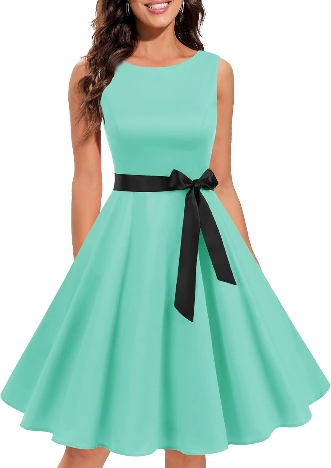 Tea Party 1950s Vintage Audrey Hepburn Sleeveless Spring Dress for Women 2023 Teal Blue Large
