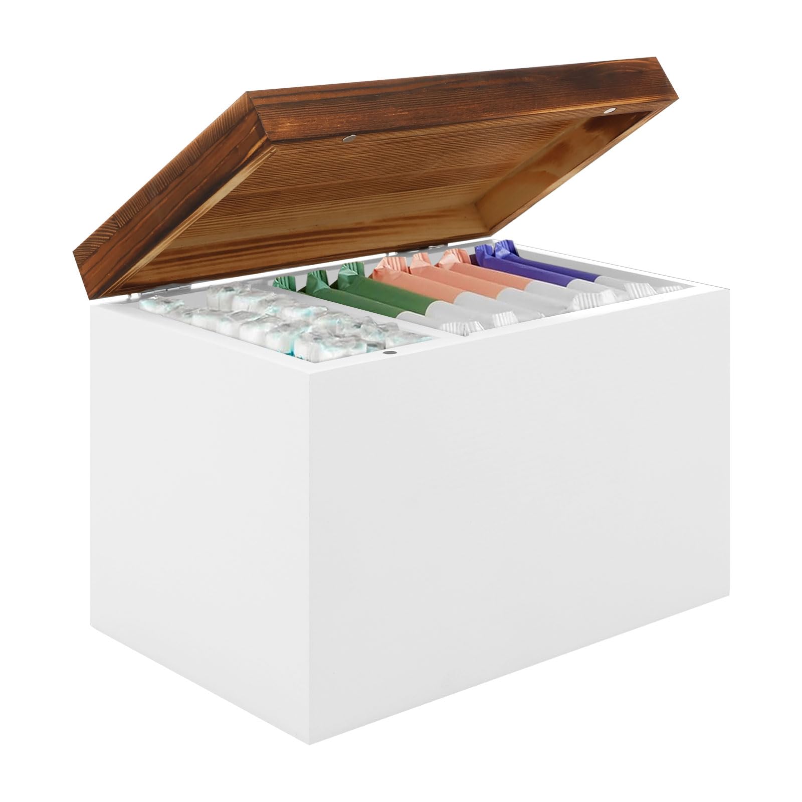 VAVPUP Tampon Holder for Bathroom Tampon Sanitary Pad Box Feminine Product Organizer Wood Bathroom Bin with Lid and Compartments Solid Period Box Cotton Swab Holder(white,1)