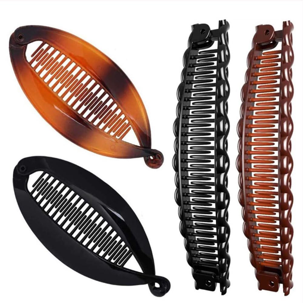 Shanbye Women's Brown Banana Hair Clips,4 Pcs Fishtail Hair Clip Non-Slip Banana Comb Clips Vintage Clincher Combs Tool Resin Hair Clips For Girls Thin Fine Curly Hair