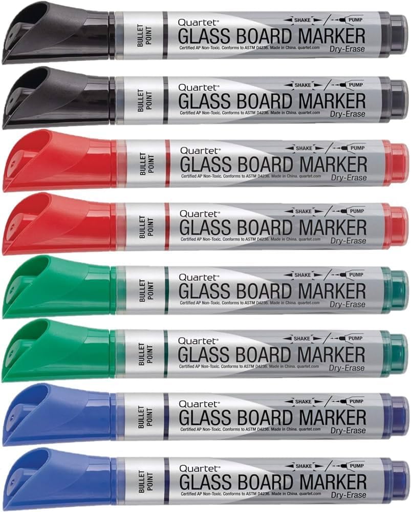 Quartet Glass Board Dry Erase Markers, Bullet Tip, Premium, Assorted Colors, 2-Pack (Total-8)