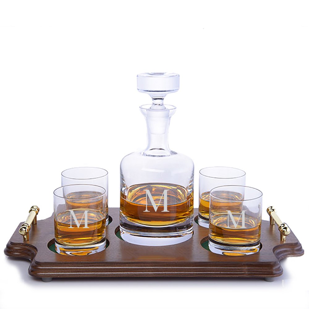 Personalized Ravenscroft Lead-free Crystal Buckingham Whiskey Liquor Decanter & 4 Rocks Glasses with Walnut Serving & Presentation Tray - Perfect for Christmas and the Holidays