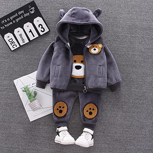 Image of Bold N Elegant Cotton Blend Cute Cartoon Bear Graphics Winter Warm Sweatshirt Hood Jacket And Jogger Pant 3 Pc Layering Clothing Set For Infant Toddler Kids