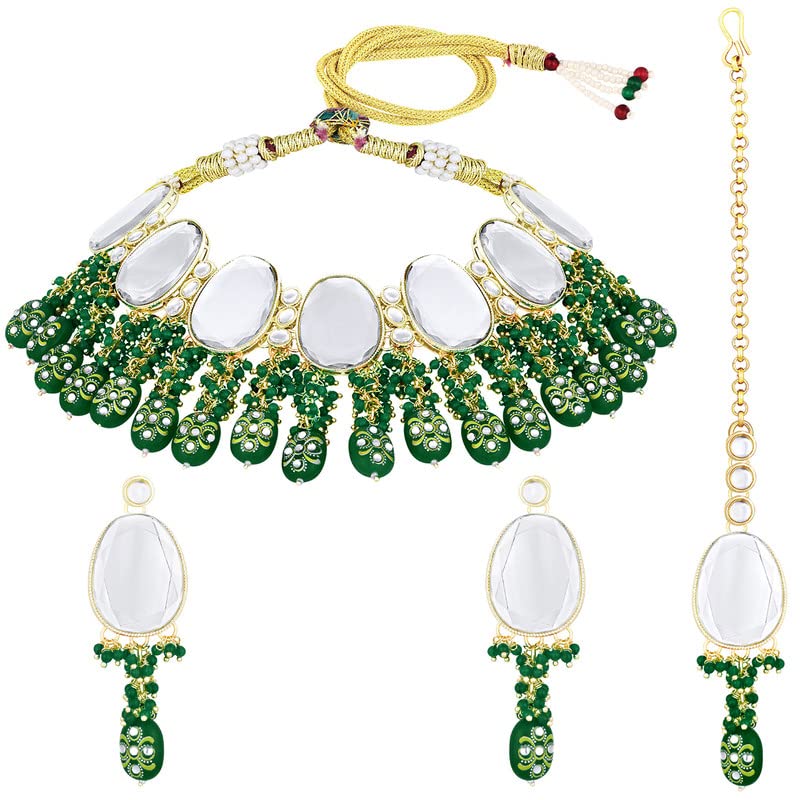 AheliEthnic Maroon Drop Beads Faux Kundan Necklace Earrings Bollywood Indian Fashion Party Jewelry Set for Women