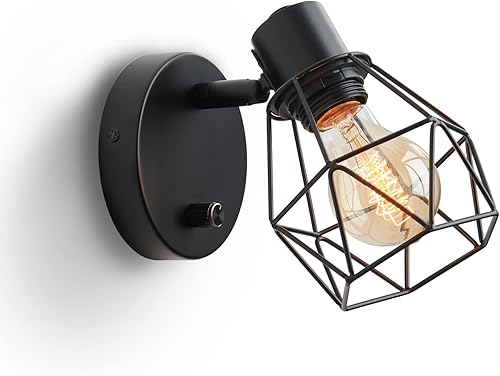 Lightess Aplique de pared negro con interruptor de encendido y apagado con regulador, cabeza ajustable, jaula vintage, montaje en pared, iluminación
