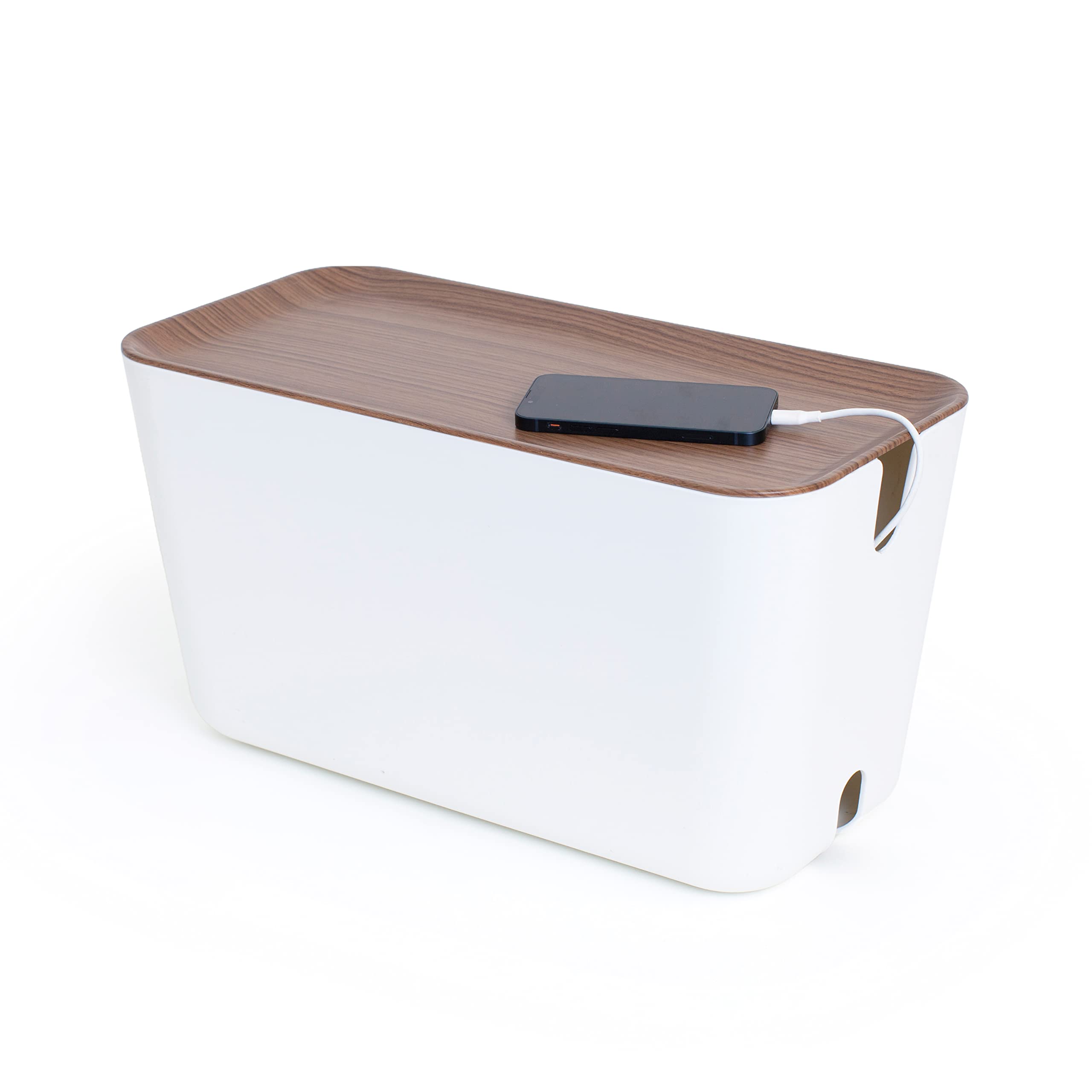 Kabelbox XXL Kabelmanagement und Ladestation Box zum Kabel Verstecken bei Kabelsalat aus Flammhemmenden Kunststoff Award-Winning Design Weiß/Dunkelbraun Holzoptik 46 x 21.5 x 24.5 cm