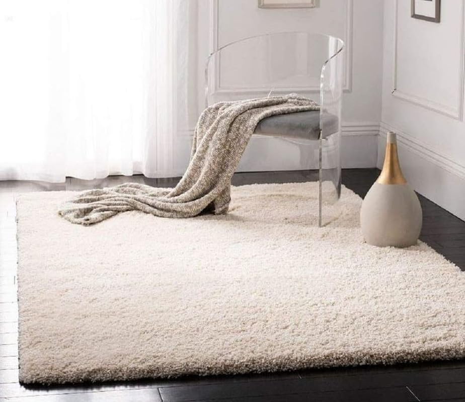 Image of Modern Shaggy Carpets Polyester Bedside Runner Soft Rug Hall Offices Kitchens Bedroom Bedroom Kids Room Floor Home Decor (2 x 3 feet, Ivory)