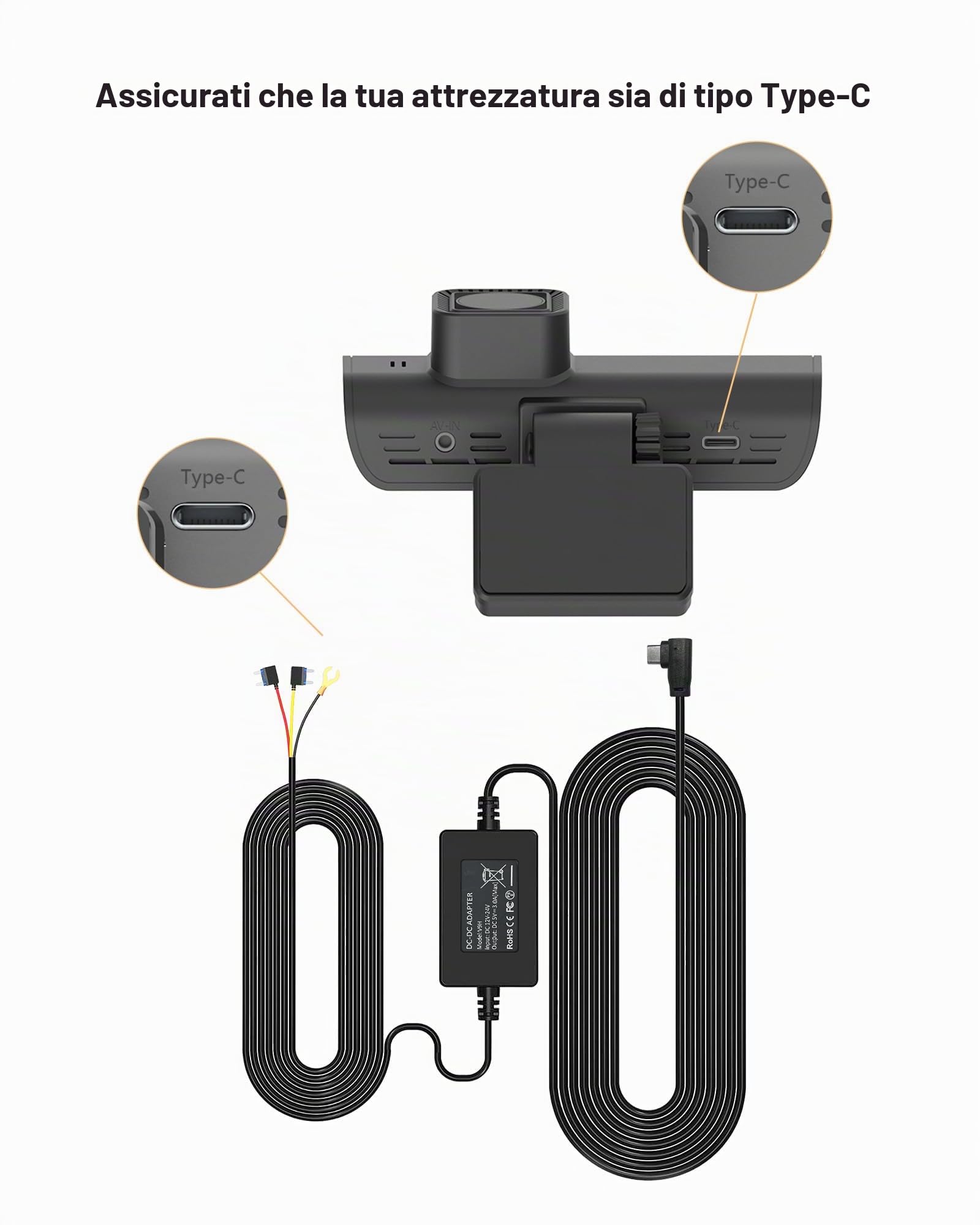 REDTIGER F7N Kit di cavi rigidi per Dash Cam, Kit di cavi rigidi con porta USB C da 21,5 Piedi per Dashcam, Conversione da 12V-24V a 5V/2,5A Protezione a Bassa Tensione