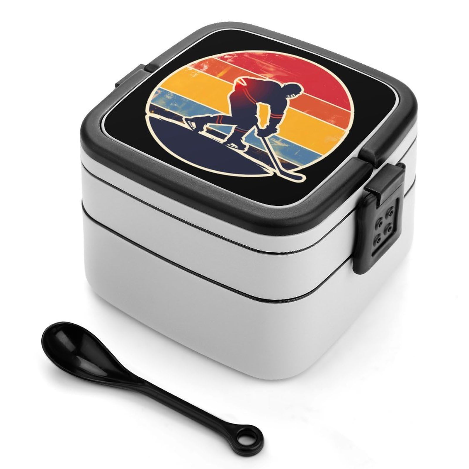 CGSBNGHA Hockey Vintage Hockey Player Bento Lunch Box 2 Layer Lunchbox Food Container for Adults Office