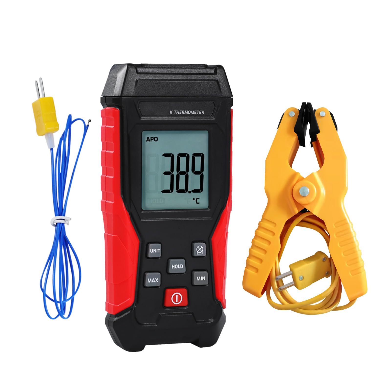 Digital K Type Thermometer, Thermocouple Thermometer Single Channel Thermocouple Tester(-328~2501℉) with 1 Temperature Clamp and 1 Thermocouple Probes LCD Display for K Type
