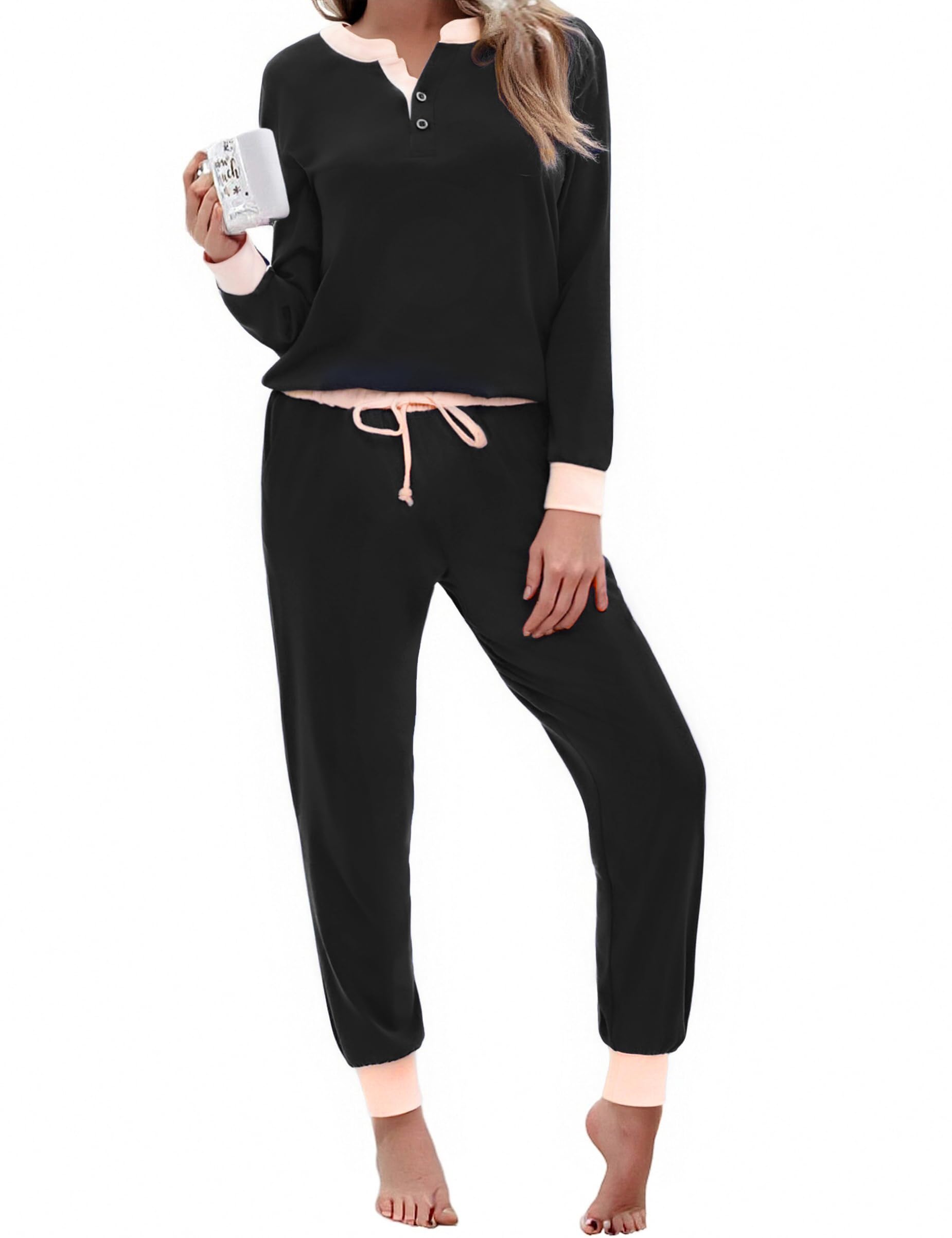 Aseniza Schlafanzug Damen Lang Pyjamas Baumwolle Zweiteiliger Nachtwäsche Lounge Set Langarm Hausanzug für Frauen mit Bündchen,A-Schwarz,S