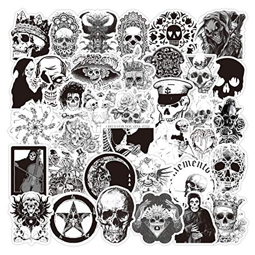 Halloween Sticker Gothic Stickers for Water Bottle Waterproof Vinyl Stickers for Laptop Phone Punk Sticker Horror Black and White Skull Sticker for Guitar Skateboard Luggage Decal Sticker (50Pcs)