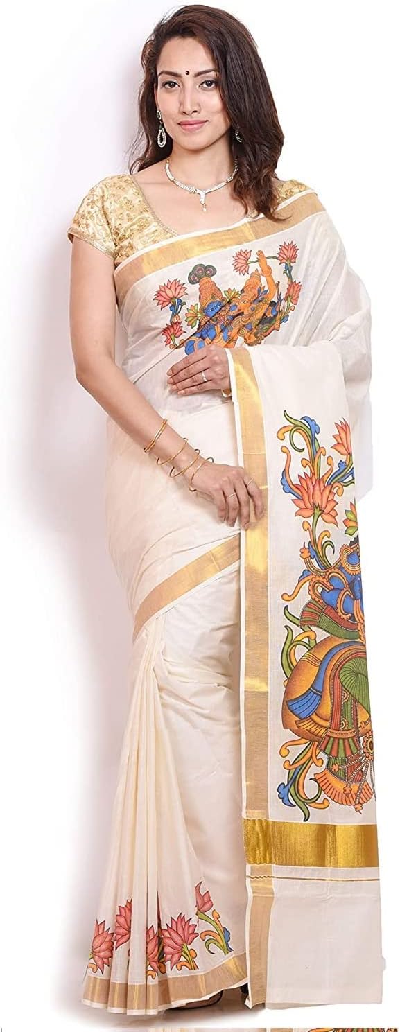 Fashionkiosks cream cotton kerala kasavu Mural zari work saree with Gold blouse