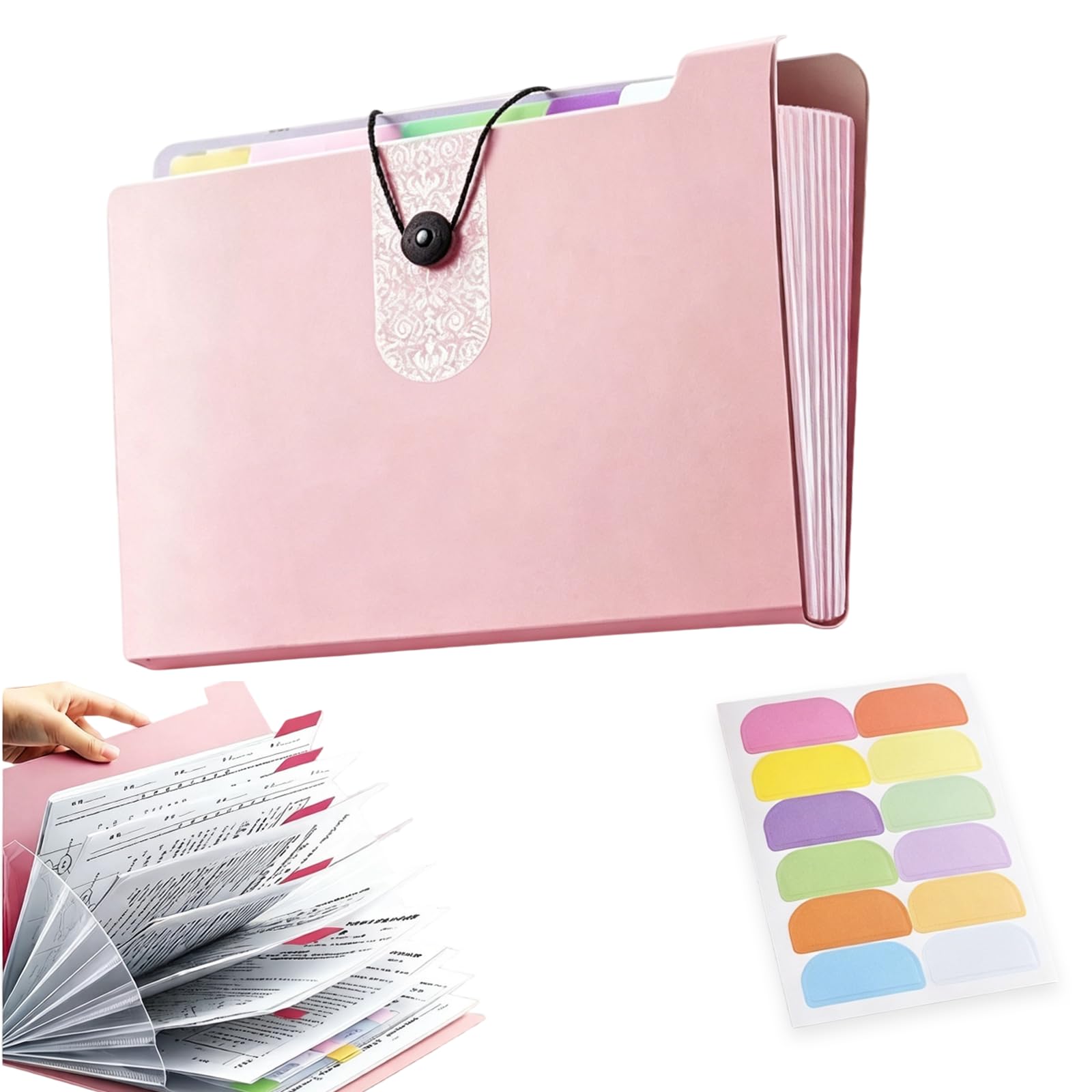 1Pcs Expanding File Folder and 1Pcs Label Sticker, Thick Durable 8 Pockets Expanding Folder, Simple and Elegant A4 Expanded File Folder, Pink Folder for Documents, Offices, and Schools