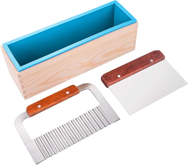 SPETYORT Silicone soap molds kit 42 oz Flexible Rectangular Soap Loaf Mould with Wood Box,Stainless Steel Wavy & Straight Scraper Soap Making Supplies