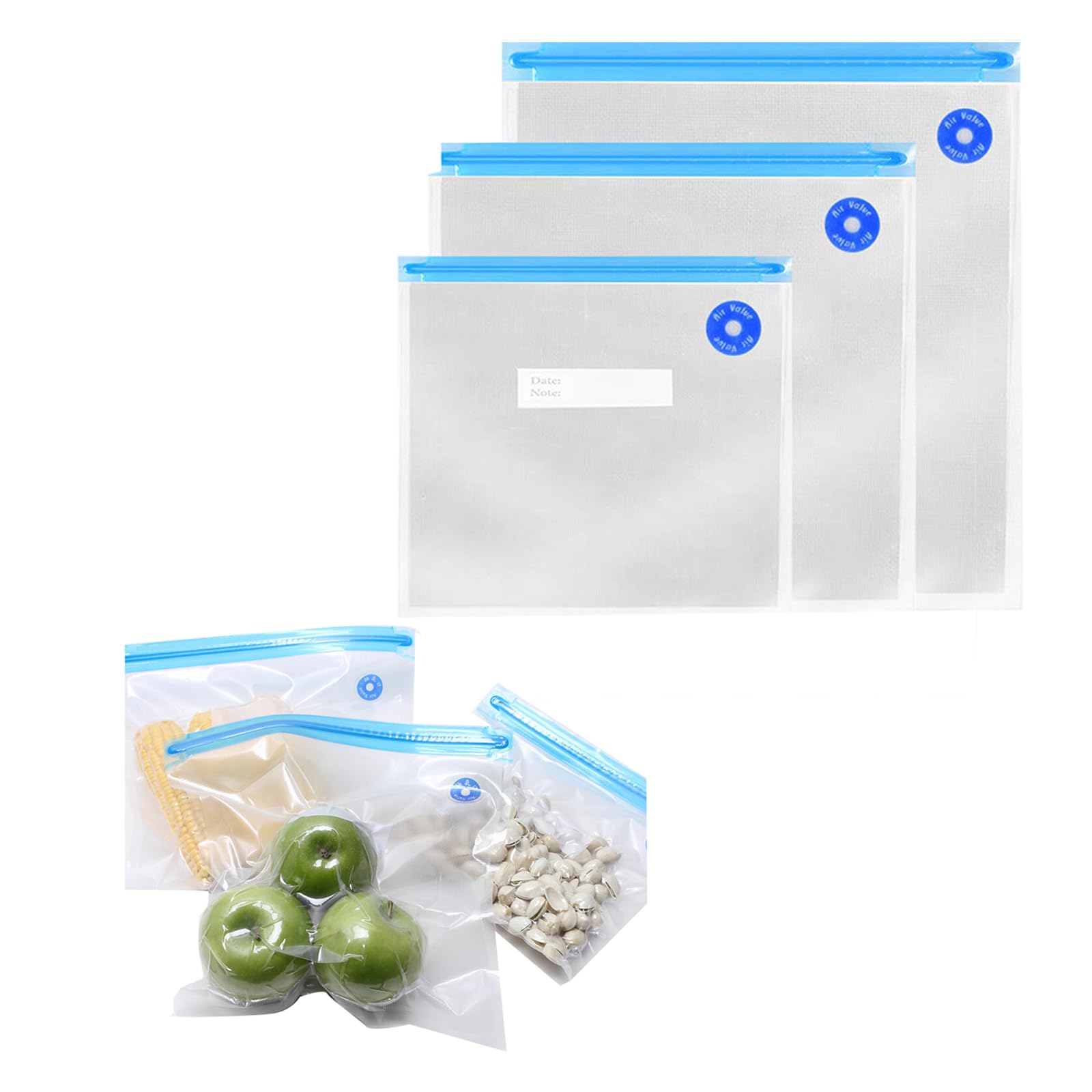 Jipoma Reusable Vacuum Transparent Zipper Sealed Double-layer Storage Food Bag with Air Valve for Cooking Freezing Microwave Heating Cooked Food Fresh Preservation Storage 20Pcs