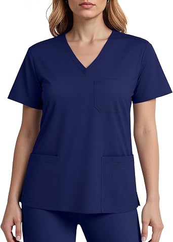 Womens Scrub Top V-Neck, Relaxed Fit Soft Stretch Scrub Top