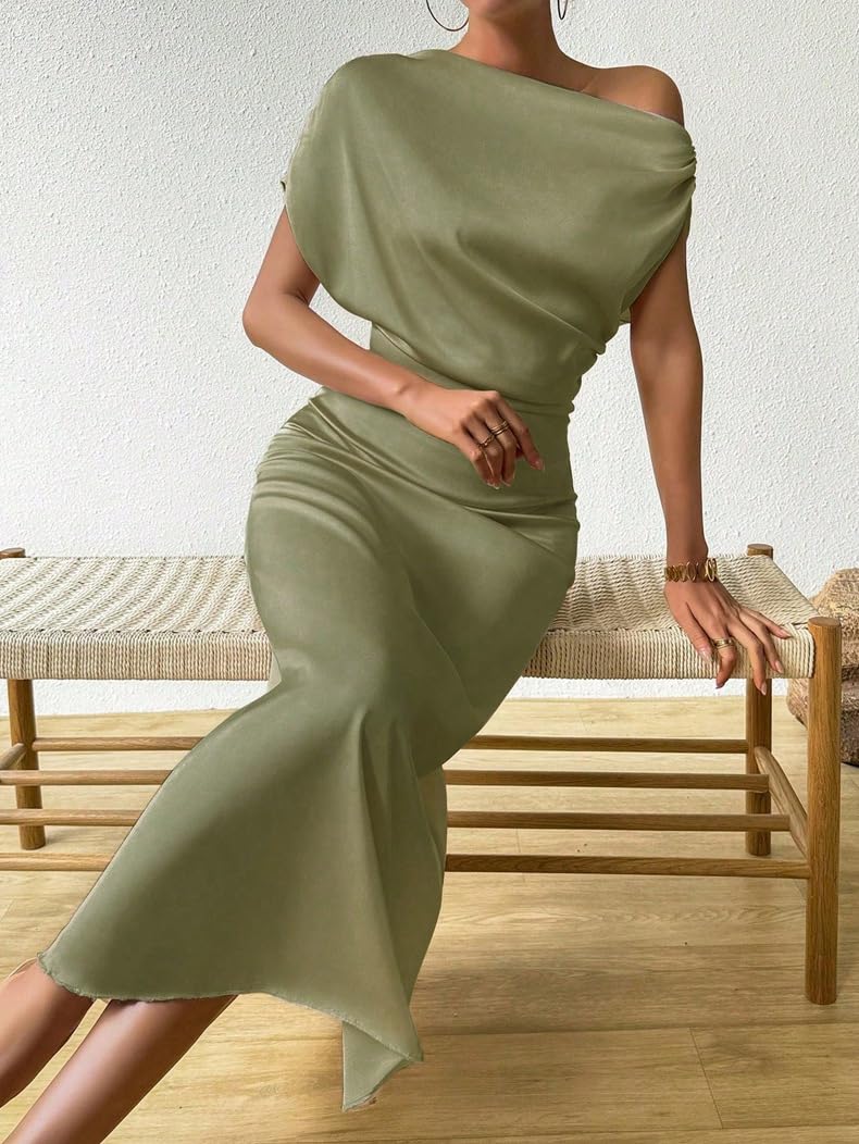 Vestito Donna Abiti da Ballo Monospalla in Raso per Donna Eleganti Midi con Maniche A Pipistrello Asimmetrici E Arricciati con Giunture Abito Estivo A Trapezio da Sera Formale