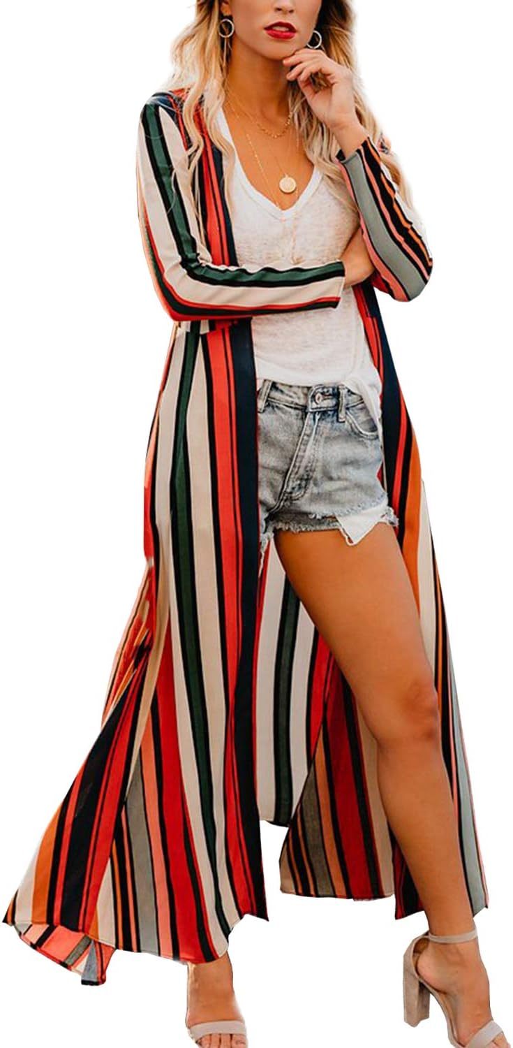 Chunoy Women's Chiffon Long Sleeve Lightweight Striped Kimono Loose Cardigan Casual Beach Wear Outfit Cover Ups Large