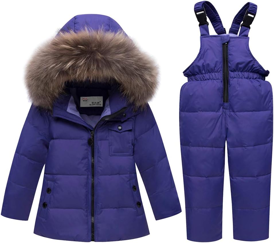 Unisex Baby Kids Puffer Winter Warm Snowsuit Jacket Hoodie Coat Down with Snow Down Bib Pants 2 Pieces Ski Outfit Set 0-5 Years