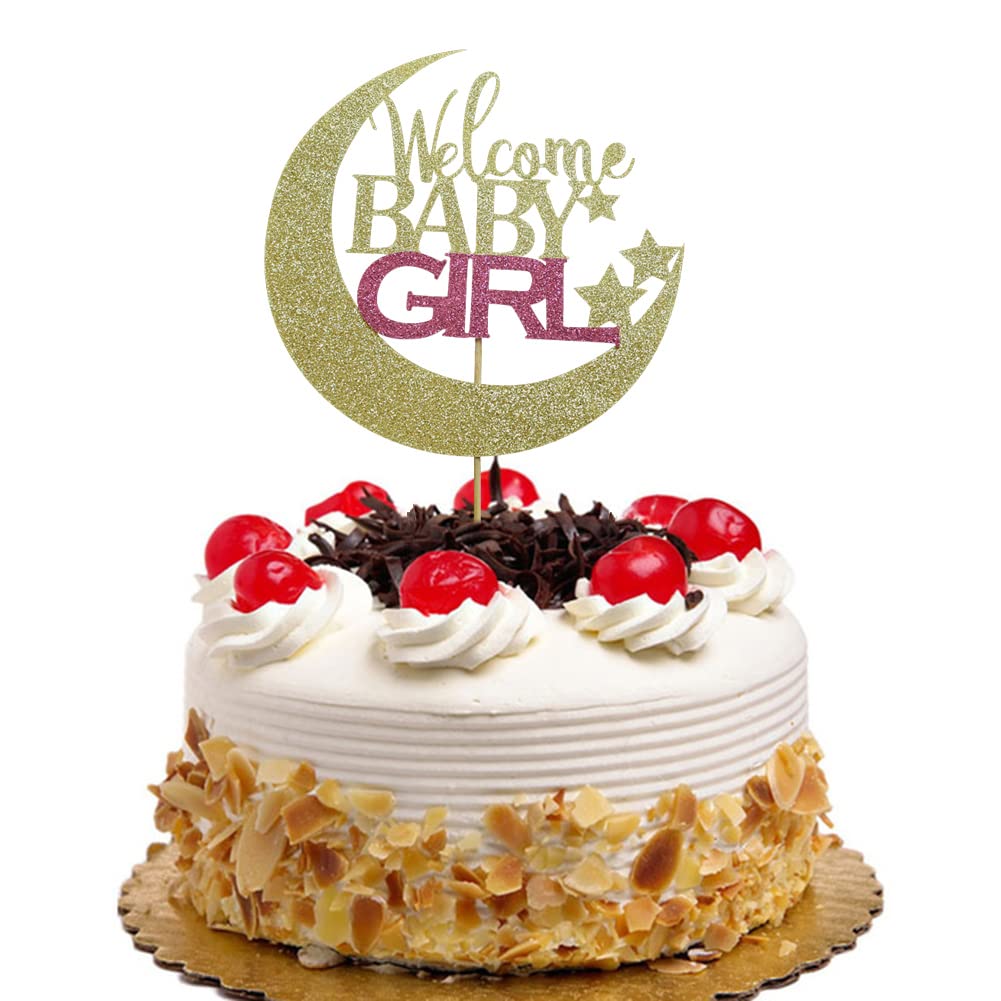 Welcome Baby Girl Cake Topper - Gold Glitter, 4.2"x5.9", Baby Shower & 1st Birthday Party Decorations