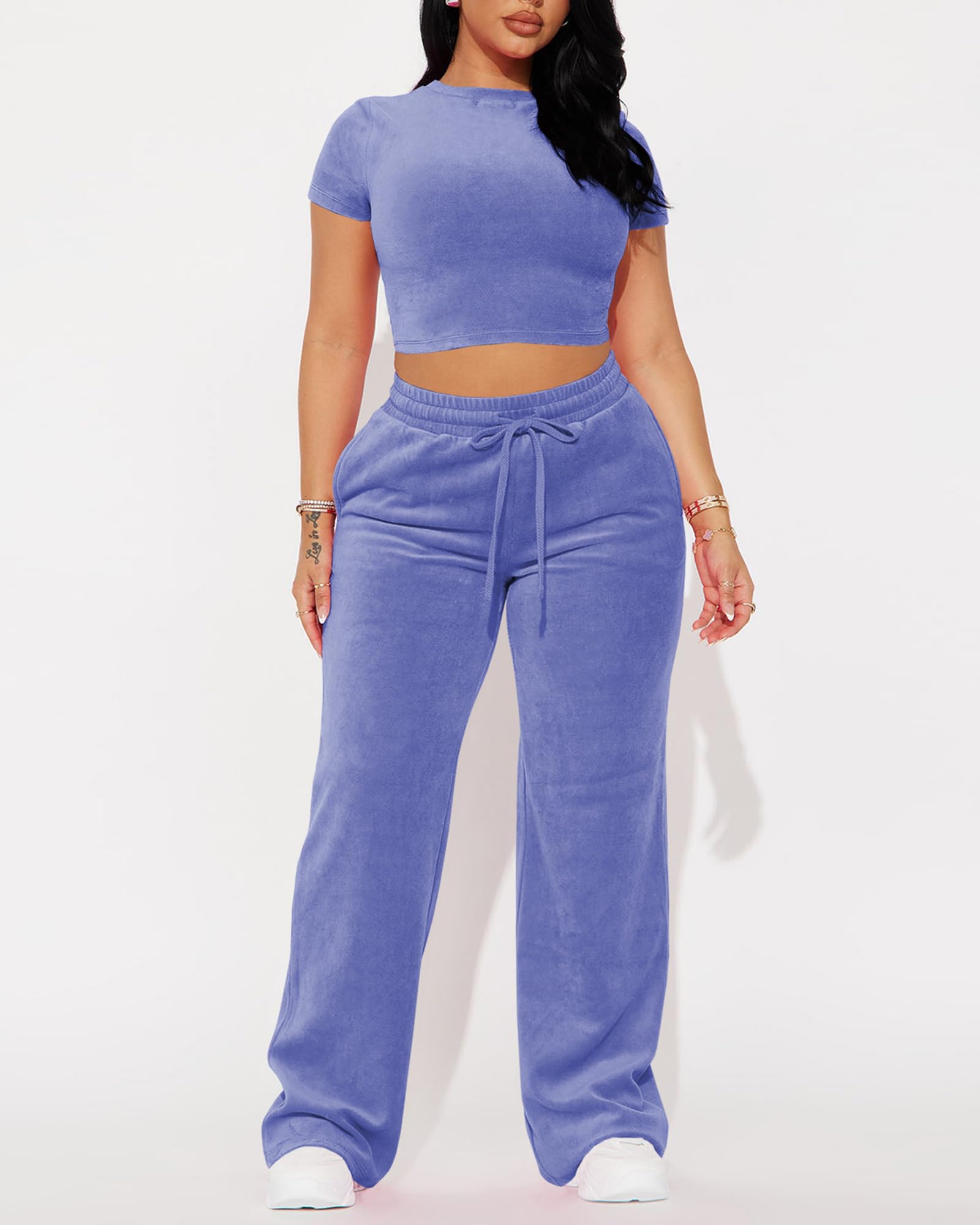 SMSN Conjunto deportivo de terciopelo de 2 piezas para mujer, casual, de manga corta, sin botones y pantalones de chándal de pierna ancha