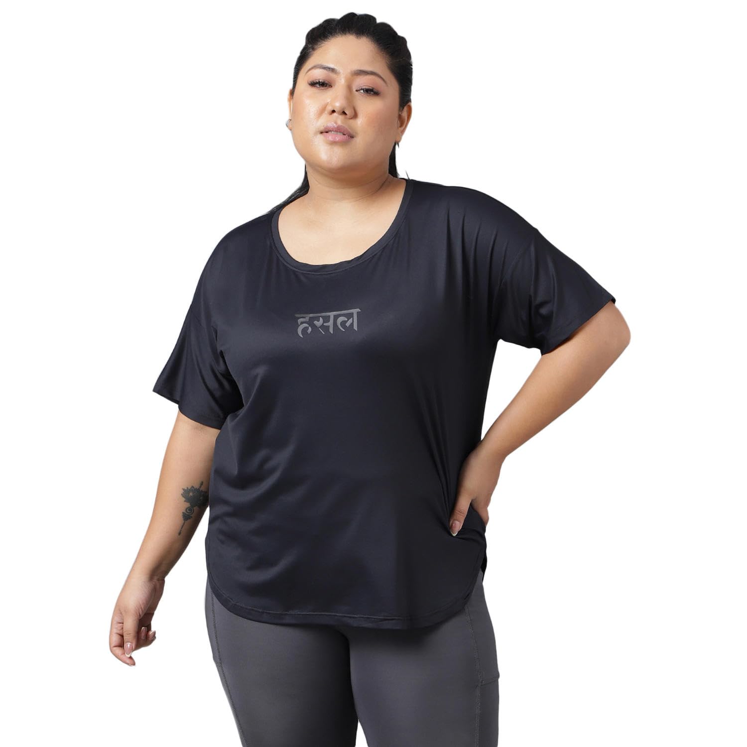 mkh Women's Plus Size Dry Fit Gym Sports T-Shirt | Round Neck HINDI HUSTLE BNB - BLK - (MKHWT-1314)-picture-47